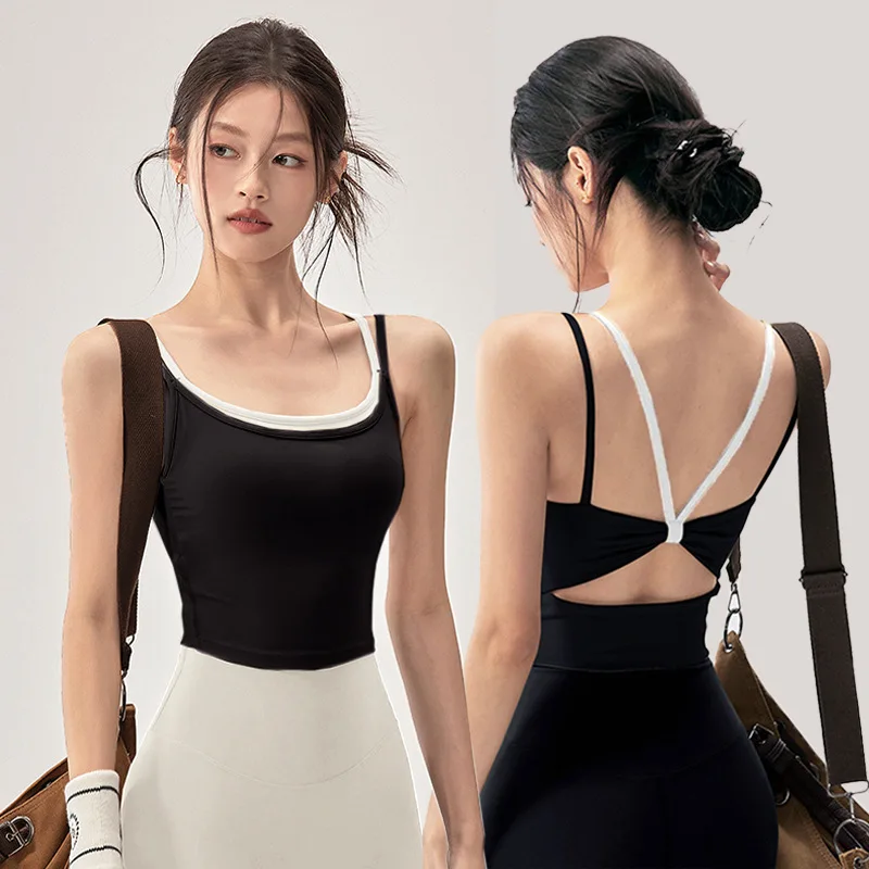 

Women's Backless Strapless Top with Built-in Padding Sports Fitness Top, Sleeveless, Patchwork Cotton Top, Summer