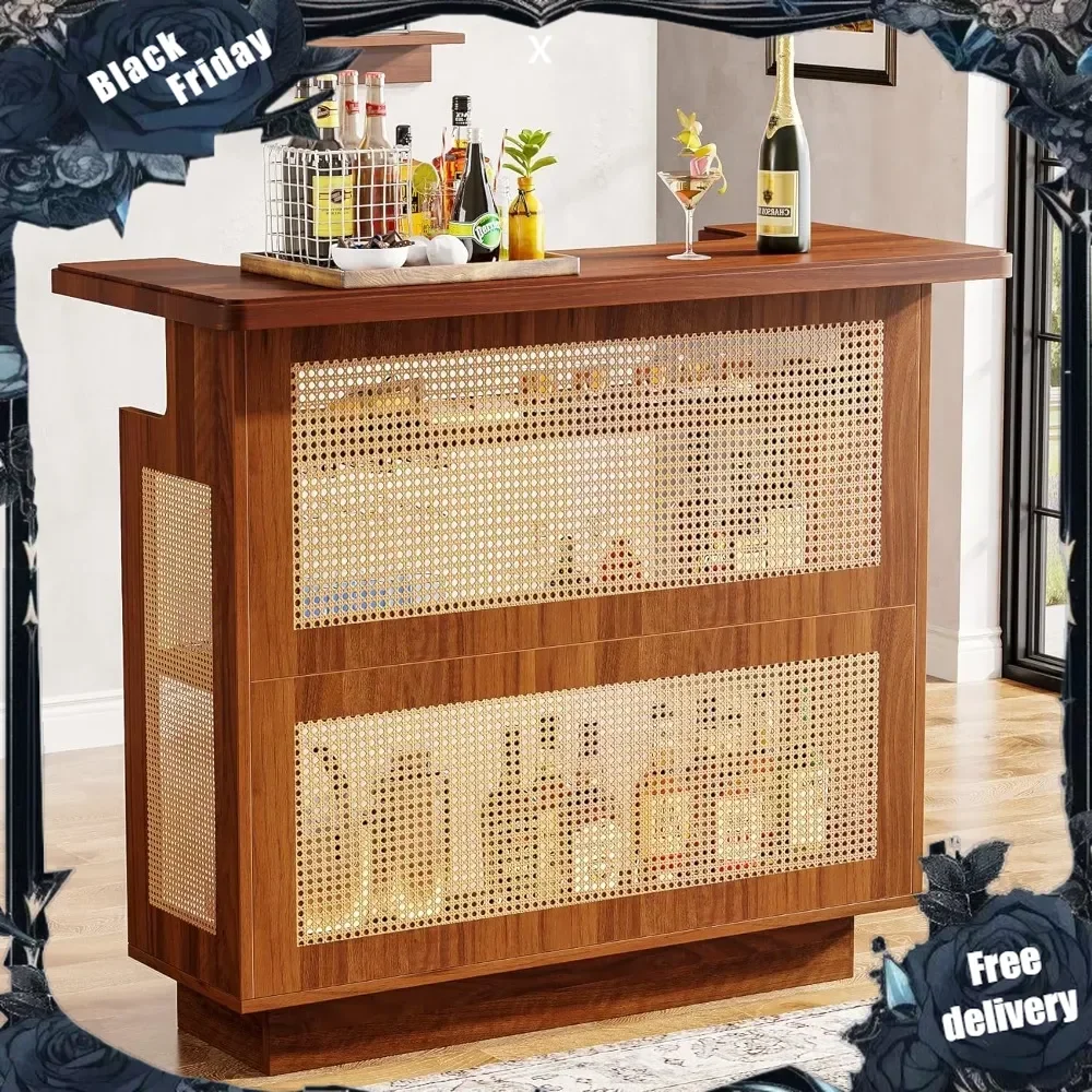 Rattan Home Bar Unit, Farmhouse 4-Tier Bar Table with 4 Stemware Racks and Heightened Base