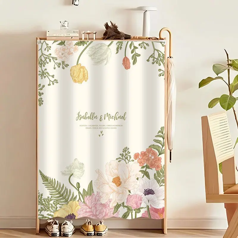 VIKAMA Floral Bird Cabinet Cover Curtain Scalloped Shoe Cabinet Dust Cover Hook-and-Loop No-Drill Entryway Storage Decor
