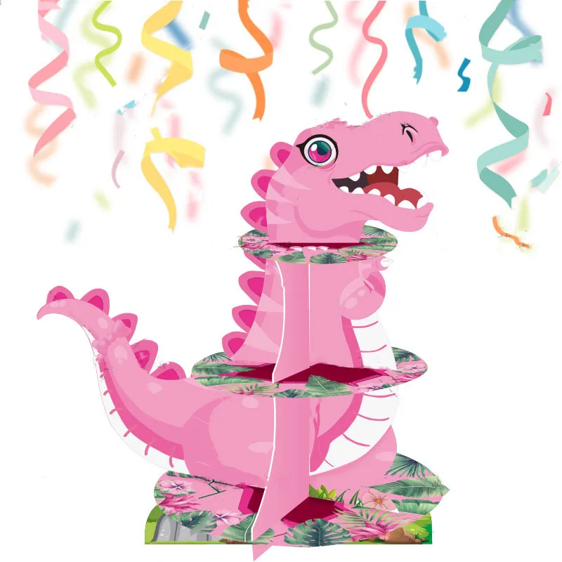 

Pink Dinosaur Paper Three-layer Cake Rack Jungle Safari Dino Roar Table Dessert Decor Happy Kids Boy Girl Birthday Party Decor