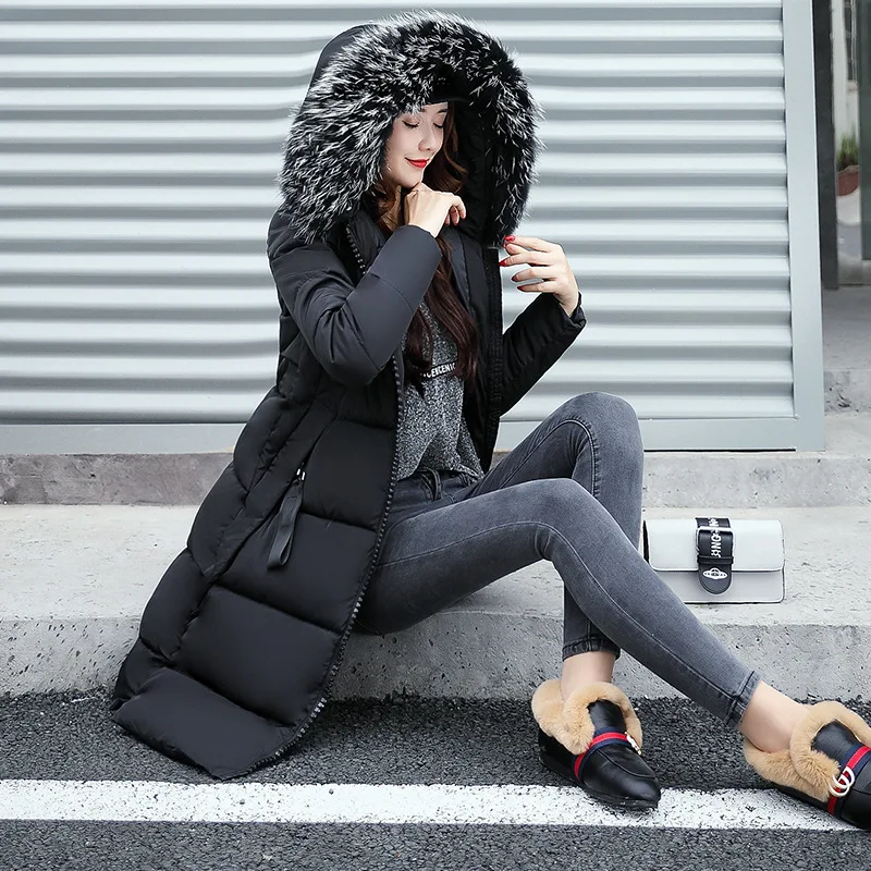 Women Solid Down Parkas Winter Fashion Big Fur Collar Thick Padded Coats Ladies Casual Hooded Cotton Outerwear Slim Long Coat