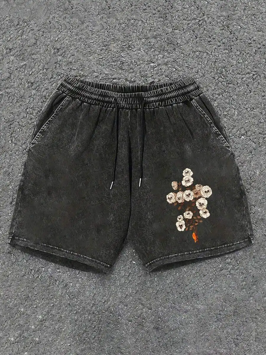 

Washed Cotton Shorts With Floral Embroidery Elastic Waist Drawstring Casual Mens Summer Shorts