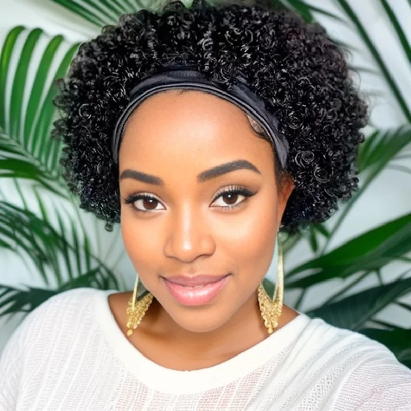 짧은 곱슬 픽시컷 헤어밴드 가발 워터 웨이브 레미 인모 풀 머신 메이드 가발