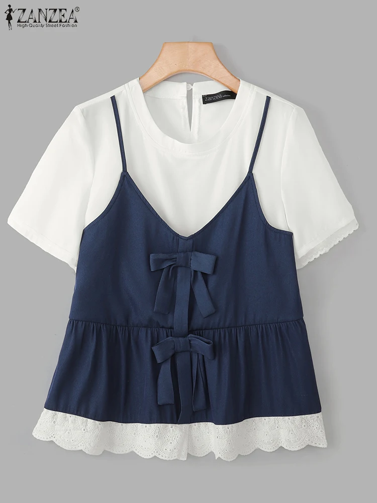 

Плюс размер 5XL ZANZEA, модные футболки, летние женские цветные лоскутные туники с короткими рукавами, повседневные корейские два искусственных топа, кружевные блузки