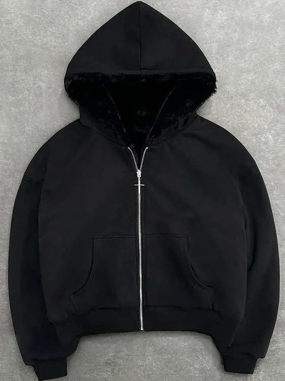

Men's Hooded Jaet Fce Lined Zipper Cardigan Loose Casual Top Bla Comfortable Wear Resistant Warm Faionable Streetwear