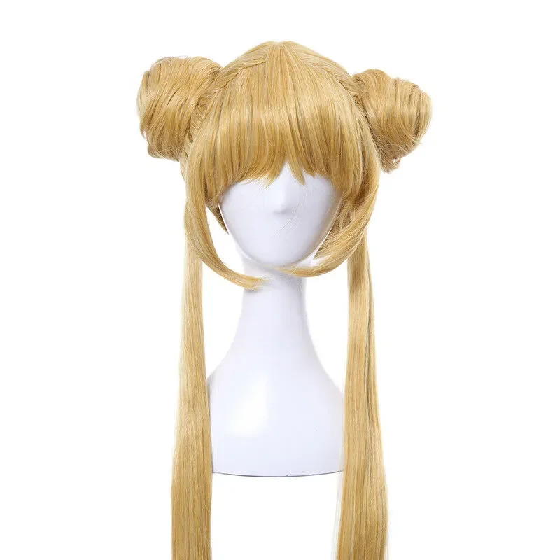 Harajuku Sailor Moon Tsukino Usagi Two Ponytails Buns Bangs Long Blonde Wavy Cosplay Full Wig