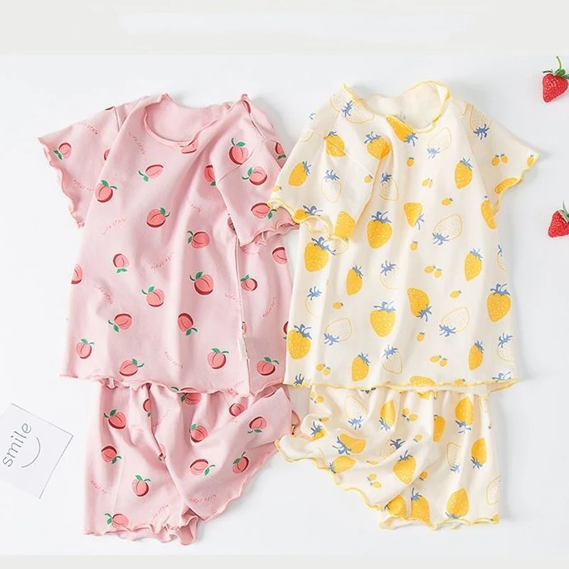 2 قطعة ملابس الفتيات الصيف مجموعات طفل الفتيات الفاكهة طباعة قصيرة الأكمام بلايز السراويل الدعاوى الفتيات رقيقة Homewear منامة الاطفال تي شيرت