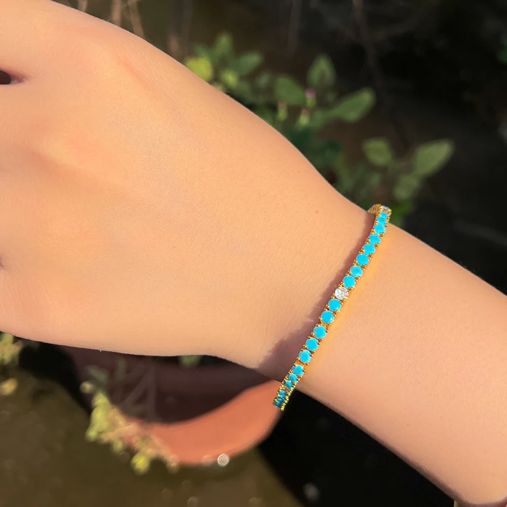 CWWZircons New Fashion 3mm Round Blue Turquoises Stone Classic Tennis Chain Bracelets for Women Girl Gold Plated Jewelry CB337