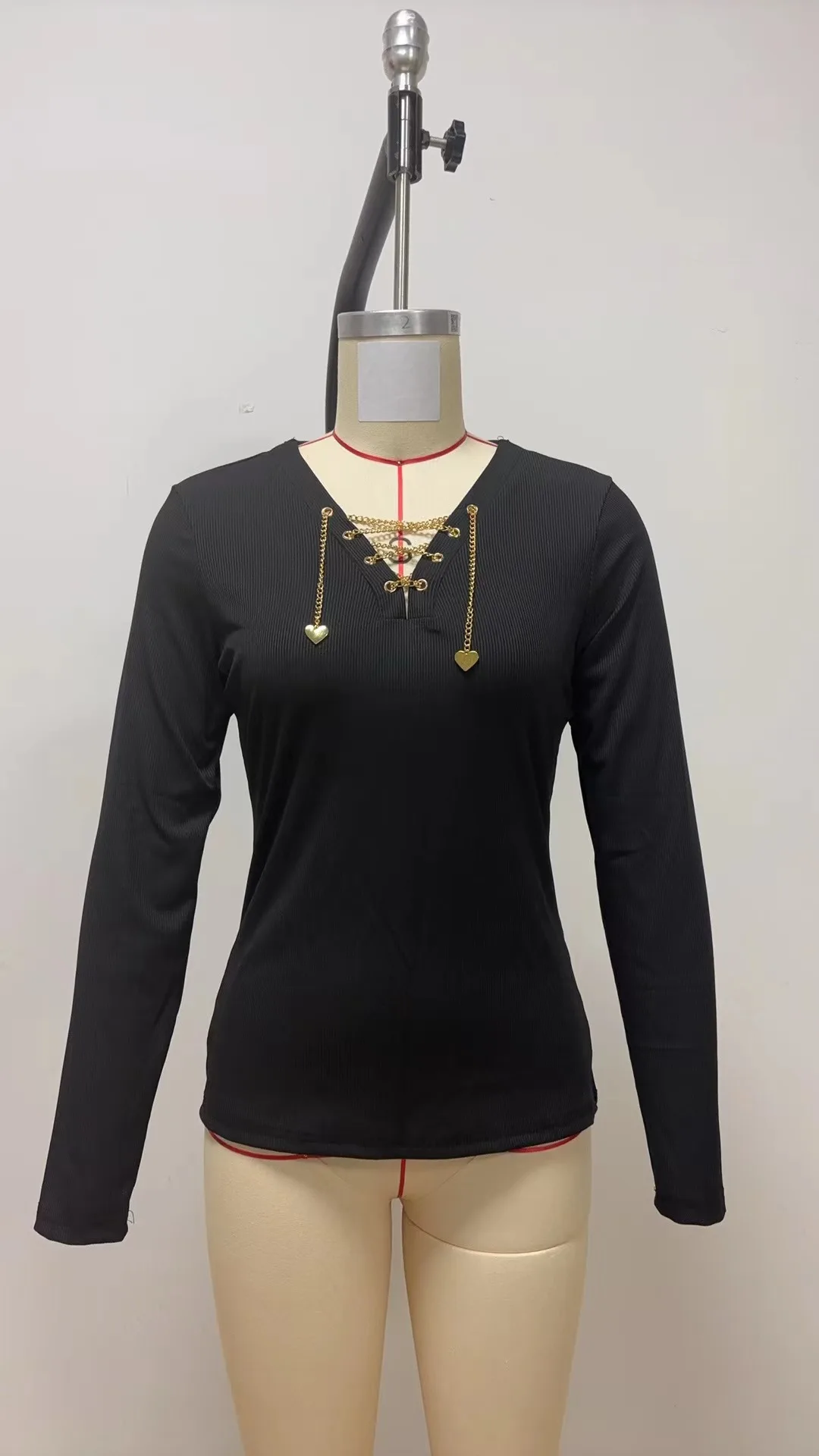 Damen-Oberteile, V-Ausschnitt, lange Ärmel, Goldkette, figurbetont, Stretch-Bluse für Frauen, sexy Freizeitkleidung, Y2K-Mode, enge Passform – Detail 2