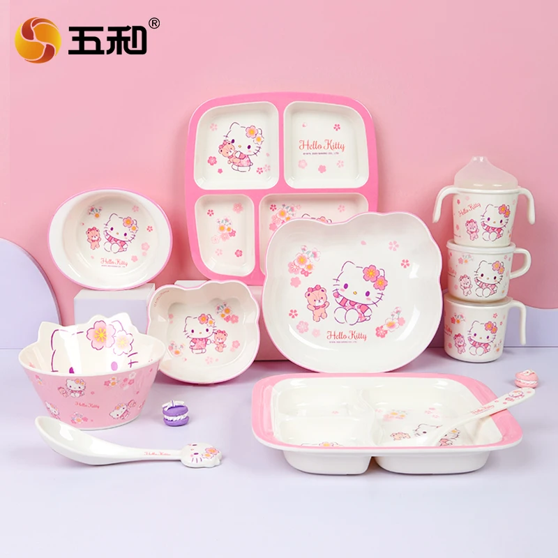 زهر الكرز مرحبا كيتي أدوات مائدة للأطفال لطيف الكرتون الطعام لوحة BPA الحرة الاطفال كوب ماء السلطانية مقسمة لوحات ملاعق هدية #1