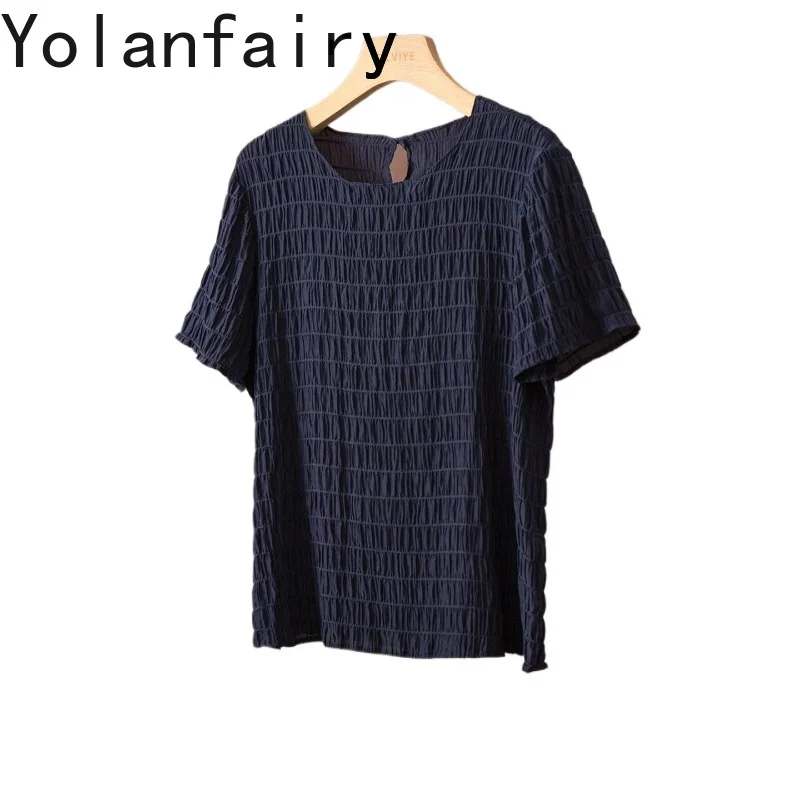 YOLANFAIRY Pleated Textured 98% Real Mulberry Silk T Shirts for Women Short Sleeve Fashion Tee Shirt Femme Summer Top  рубашка
