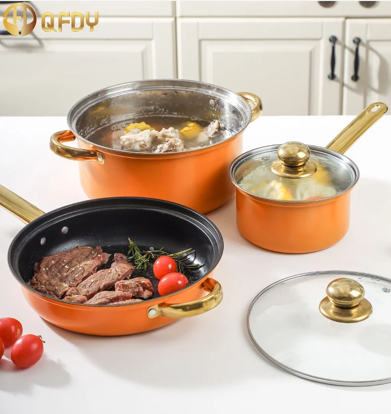 Hot Sale Kitchware Pots Set 12-piece colorful  non-stick gold plated handle cookware set pots Stainless Steel Soup Pot