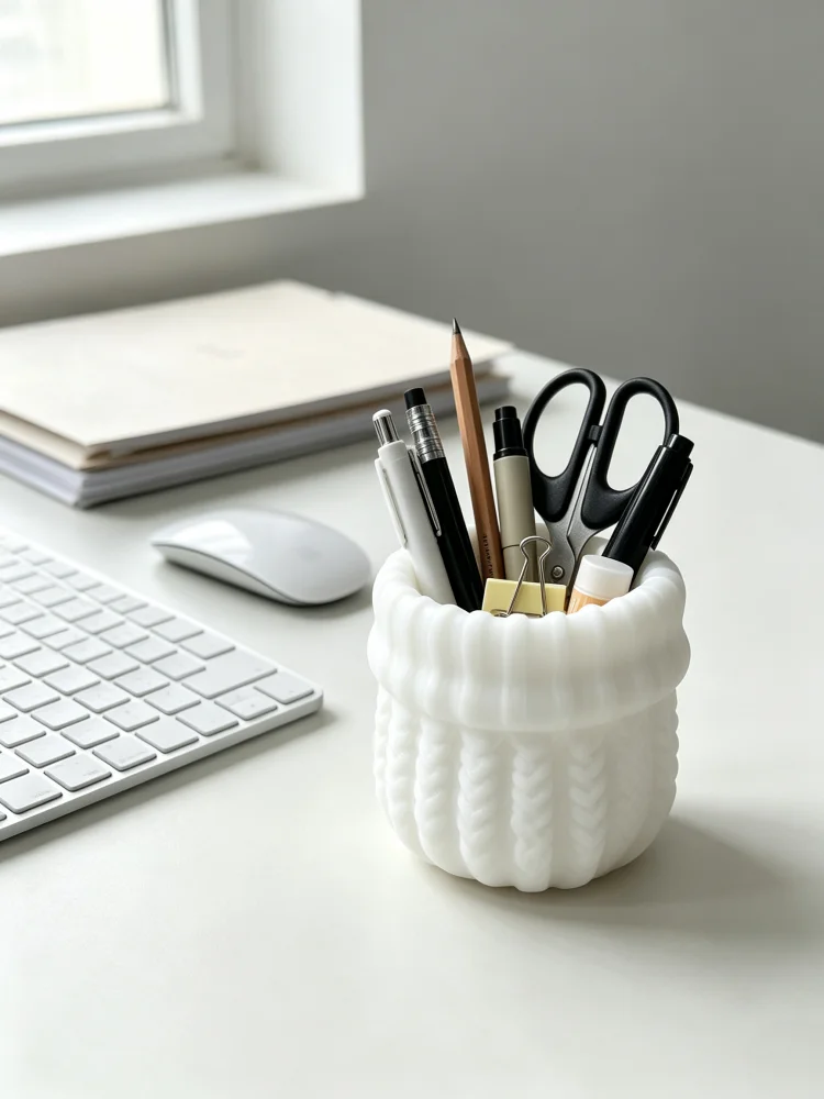 Matte White Versatile Sweater-Style Desktop Storage Box, Three-Dimensional Cable Knit Embossed Ribbed Texture Pen Holder, Makeup Brush Storage Container, Soft Texture, Simple Nordic Style Multifunctional Storage Container, Suitable for Various Desktop Decor Styles, Universal for Office Desk, Study Room, Dormitory, Dressing Table, Home Office, Efficiently Saves Desktop Space, Warm and Cozy Desktop Decoration, Teacher Appreciation Gift, Student Gift, Housewarming Gift, Women's Birthday Gift