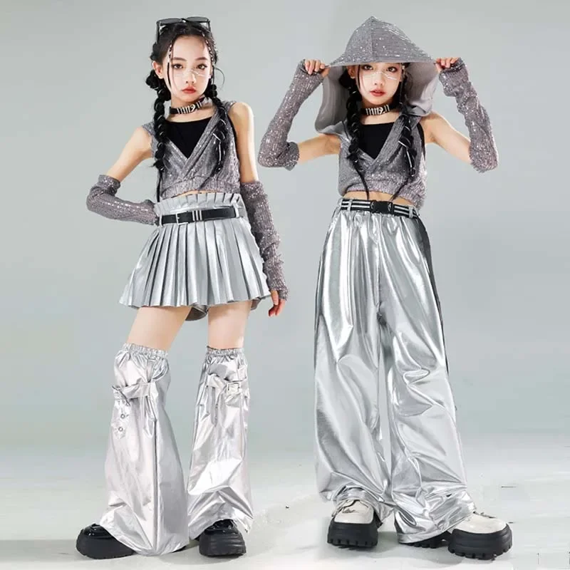 Children Jazz Dance Hip Hop Costume Girls K-Pop Stage Outfit Fashion Show Performance Clothes Silver Vest Shorts Pants Skirt 652