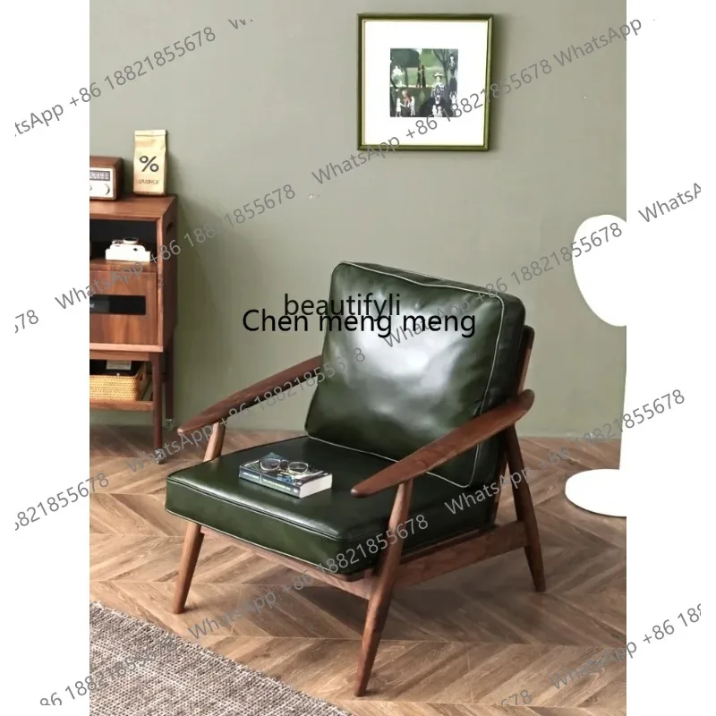 

new Zq-Single Sofa with Solid Wood Mortise, Genuine Leather, Nordic Retro Casual Light Luxuryss 26