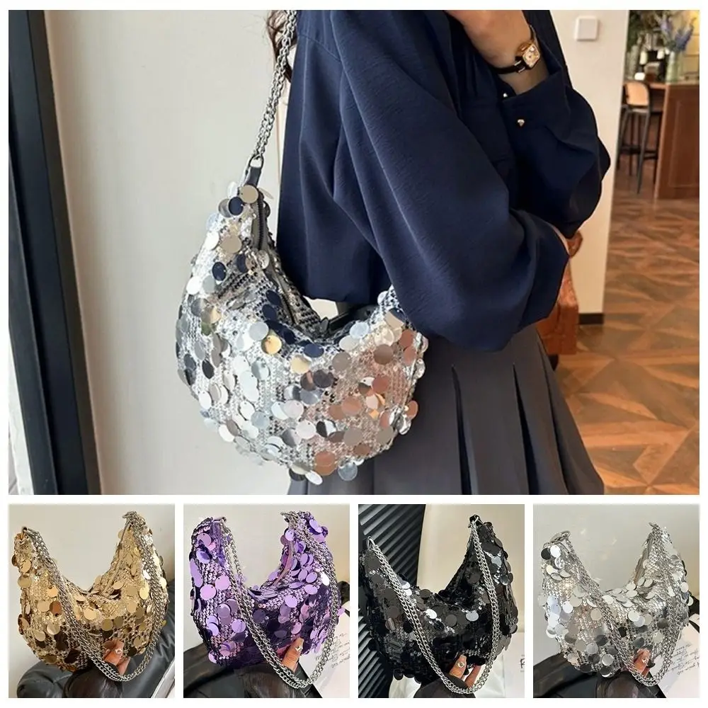 

Shiny Evening Clutch Bag Large Capacity Single Shoulder Sequin Crossbody Bag Glitter Korean Style Chain Crescent Bag Ladies