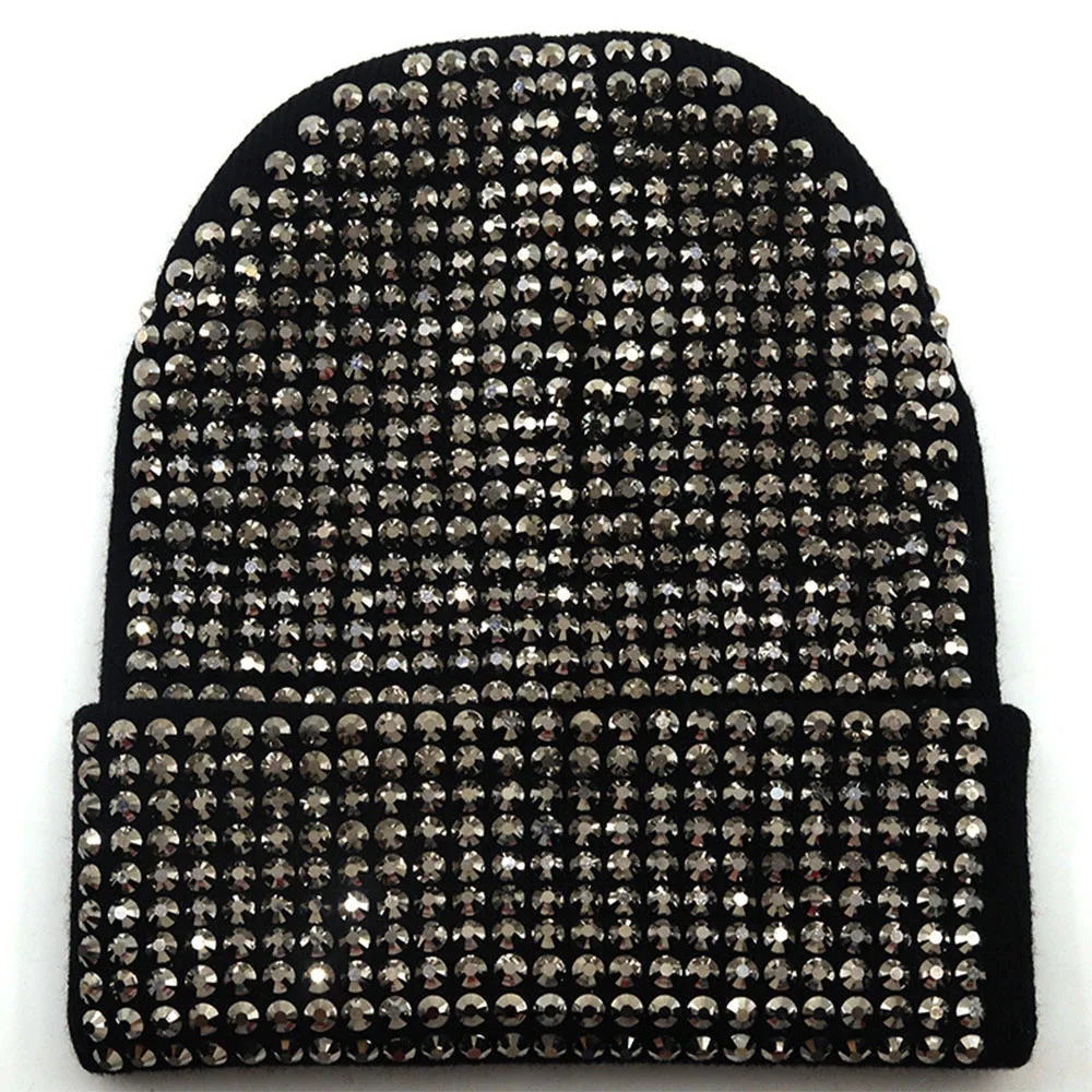 Luksusowa marka cekinowe czapki zimowe dzianinowa czapka z kryształkami Skullies czapki Rhinestone czapka dla kobiet Bling Beanie Rhinestone