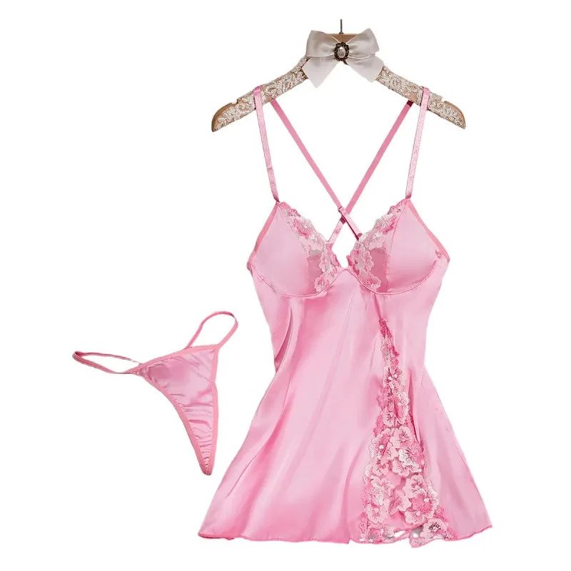 New Fashion Summer Backless Pink Exotic Dresses Women's Sexy Imitating Silk Clothes Nightgown Female Sweet Stain Thin T-Back Set