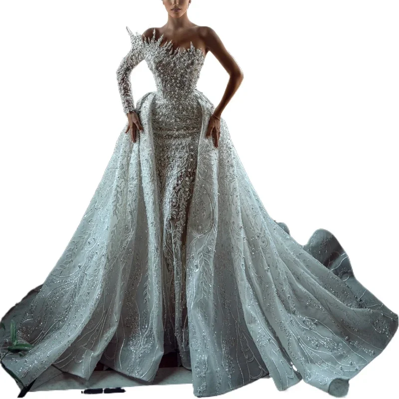 

Luxury Beaded Illusion Long Sleeve Detachable Train African Women's Bridal Wedding Dress One Shoulder Bridal Wedding Dress