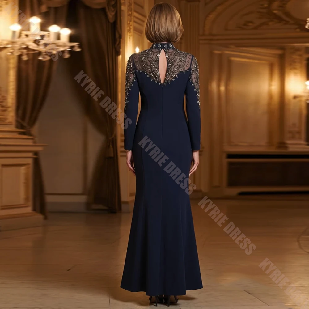 Customized Mother of The Bride Dress Gorgeous Beading Crystal High Neck Full Sleeve Women Wedding Guest Gown Party Evening Dress