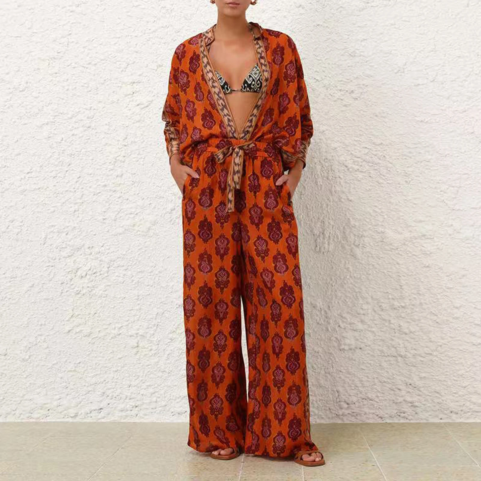 

Vaion 2025 New Ikat Pattern Stand Collar Elastic Waist Dstring Long Pants Set Women's Faion Casual Sle Four Seasons