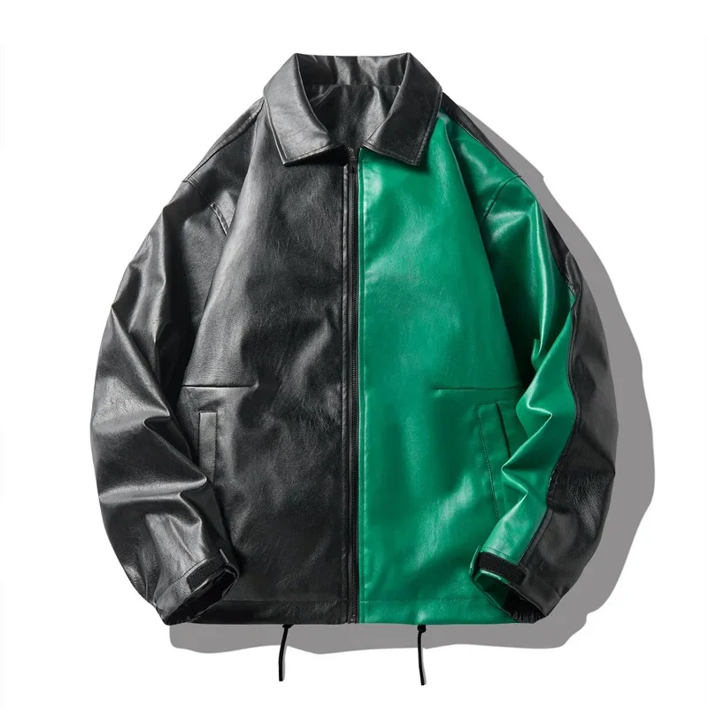 

Зеленая куртка-пэчворк из искусственной кожи для мужчин, весенняя уличная одежда, винтажный стиль, унисекс, хип-хоп, оверсайз, мужская одежда
