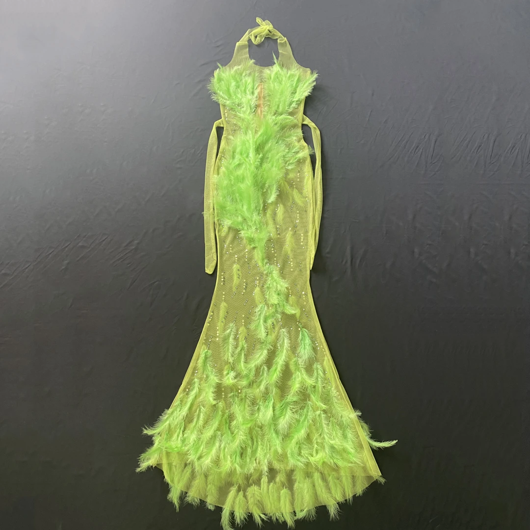Fashion Green Feather Dresses for Women Sexy See-througth Mesh Night Out Outfits Birthday Party Stage Wear Singer Costumes