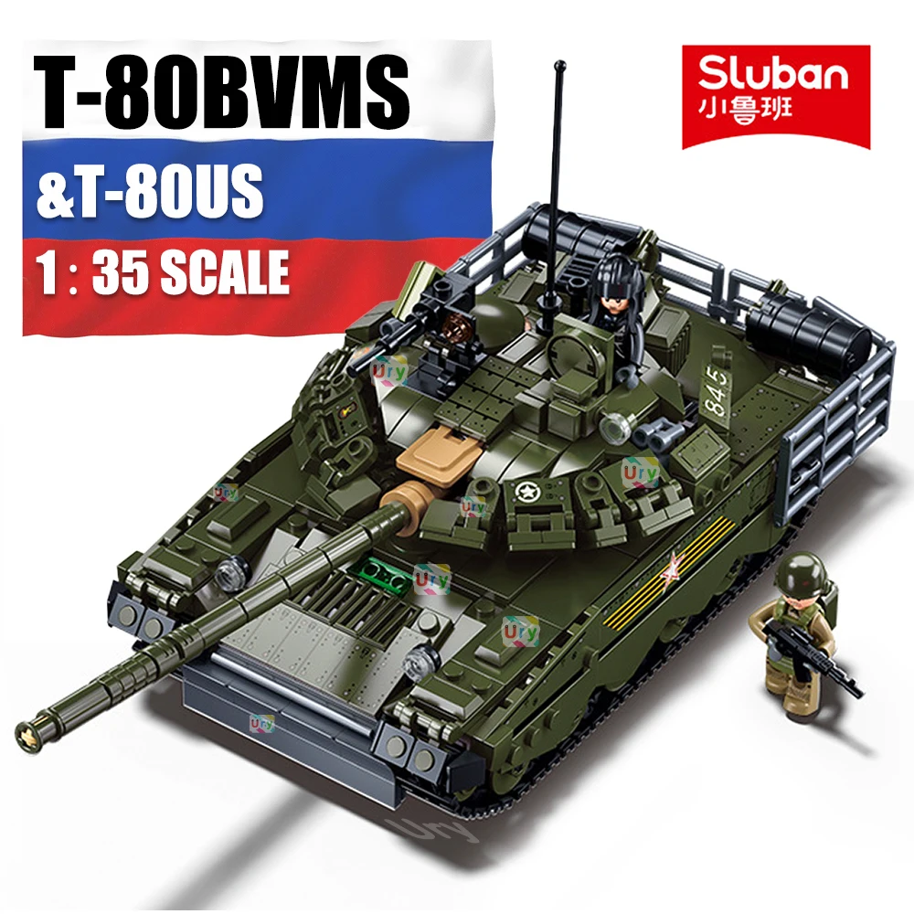 Sluban M38-B1178 2in1 Military WW2 T-80BVMS Main Battle Tank Army Vehicle Weapon Model Bricks Building Block Toy for Gift Kids