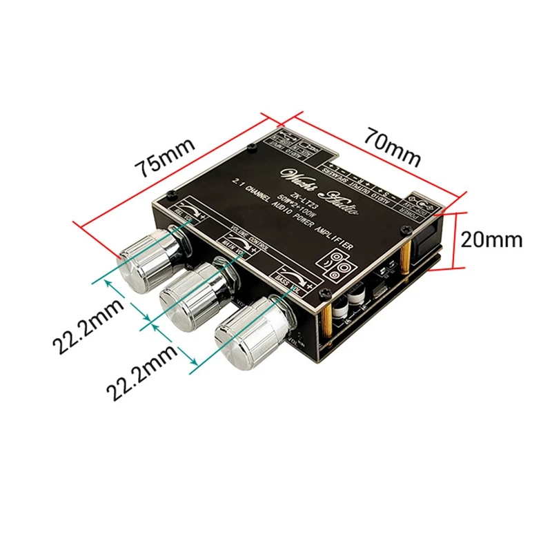 ZK-LT23 Bluetooth Audio Amplifier Board With DC Cable 2.1 Channel 50Wx2+100W Subwoofer TWS True Wireless Audio Module