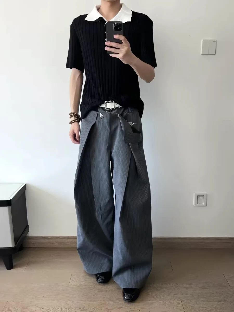 Casual American Retro Embroidered Striped A-Line Men's Design Sense Drape Wide Commuter Pants Loose Straight Leg High Waist