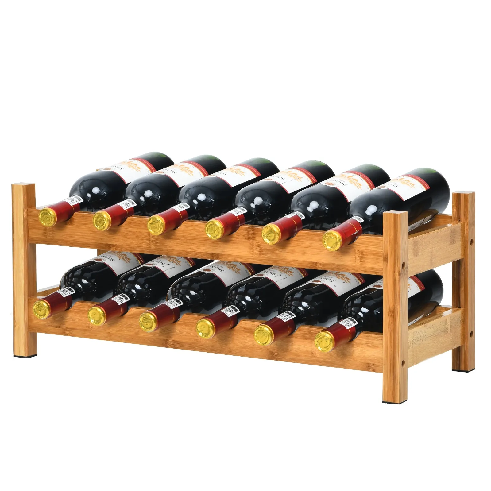

12 Bottles Display Storage Shelf Holder 2-Tier Bamboo Wine Rack Kitchen Natural