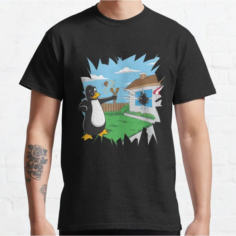 

Funny Linux mascot Tux Penguin uses a slingshot to smash a window with an apple Graphic T Shirts Large size Adult tops S-6XL