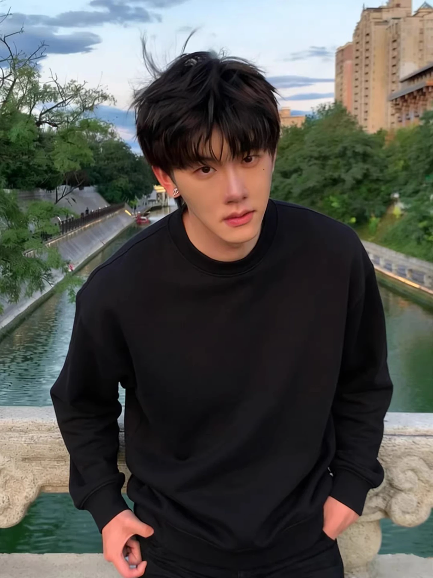 Men's Bla American Sle Fce Lined round Ne Sweatirt Thi Long Sve T-irt Autumn Winter Warm Inner irt