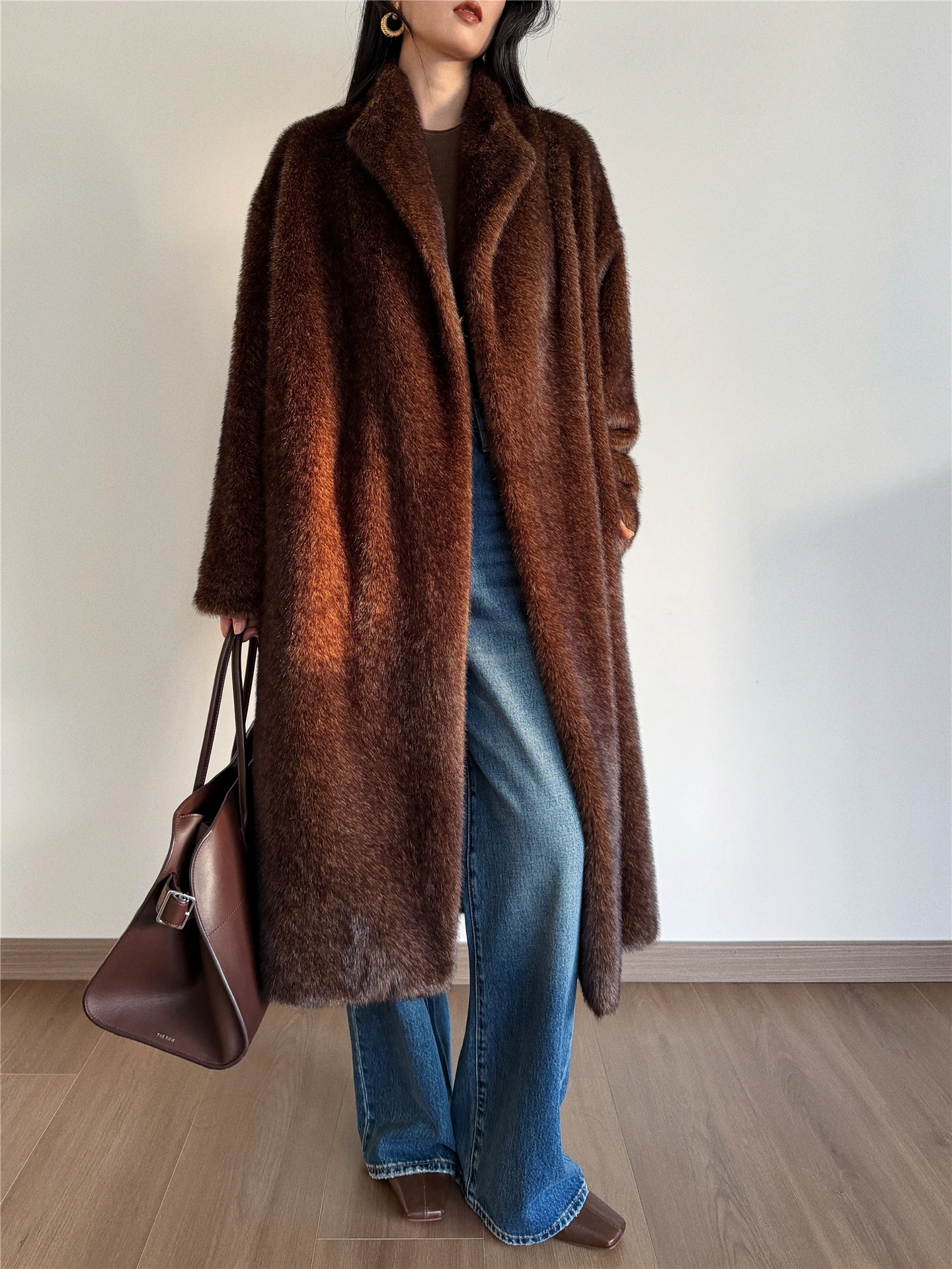 

uop Smooth Hand Feel Simple One-Piece Collar Slimming Non-Bulky Mixed Color Fur Simulation Eco-Friendly Fur Coat