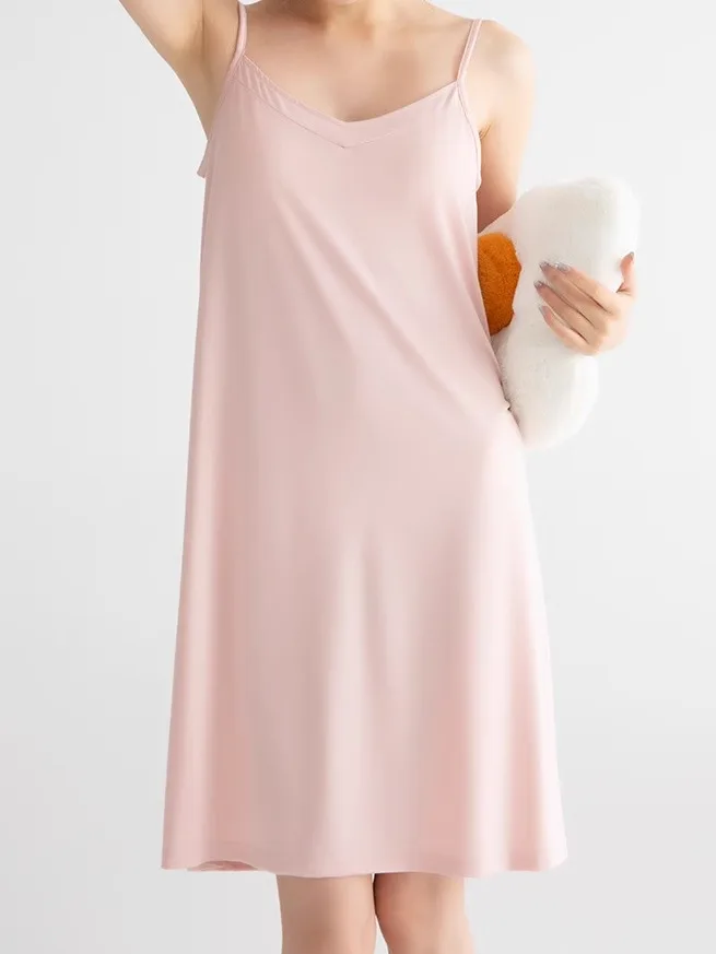 

Ice Silk Modal Spwear Women's One-Piece Bra-Free Che Nightgown Long Sve V-Ne Mid-Length Skirt Casual Home Clothes