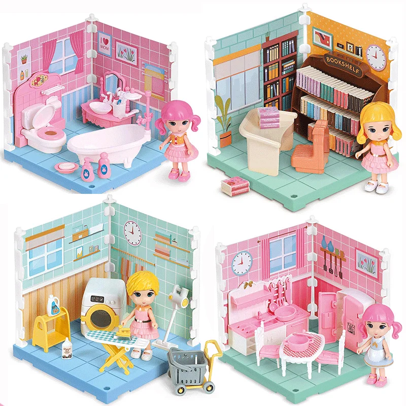 

DIY Miniature Dollhouse Kit Furniture Set Simulated Bedroom Kitchen Decoration Pretend Play Toy Girl Gift.