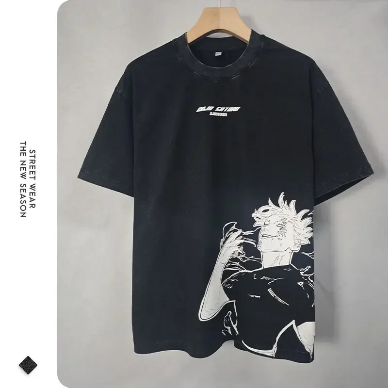 Anime Jujutsu T Shirt Vintage Washed Gojo Saturo T-shirts Men Retro Streetwear Short Sleeve Fushiguro Toji Tops Tees Men