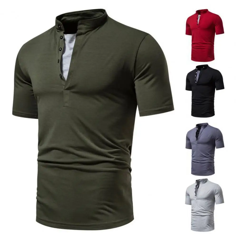 Men Summer T-shirt Solid Color Buttons Fake Two Pieces Stand Collar Pullover Daily Wear Short Sleeves Mid Length Thin Men Top