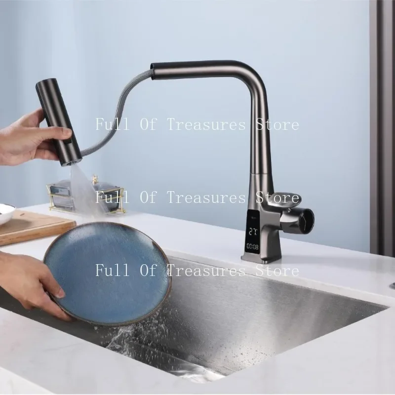 Digital display Feiyu Waterfall household kitchen pull-out faucet gun gray hot and cold vegetable basin