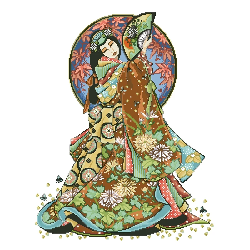 Cross Stitch Kit Japanese female Geisha Flower Fan 28ct 18ct 14ct 11ct can be Customized Printed Cloth hand Embroidery Material