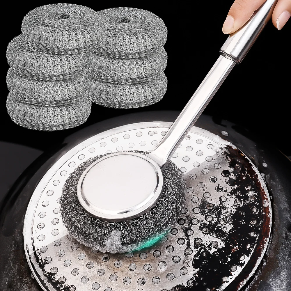 Long Handle Pot Brush Kitchen Pan Pot Dishes Cleaning Brush Steel Wire Metal Wool Scourer Strong Decontamination Cleaning Brush