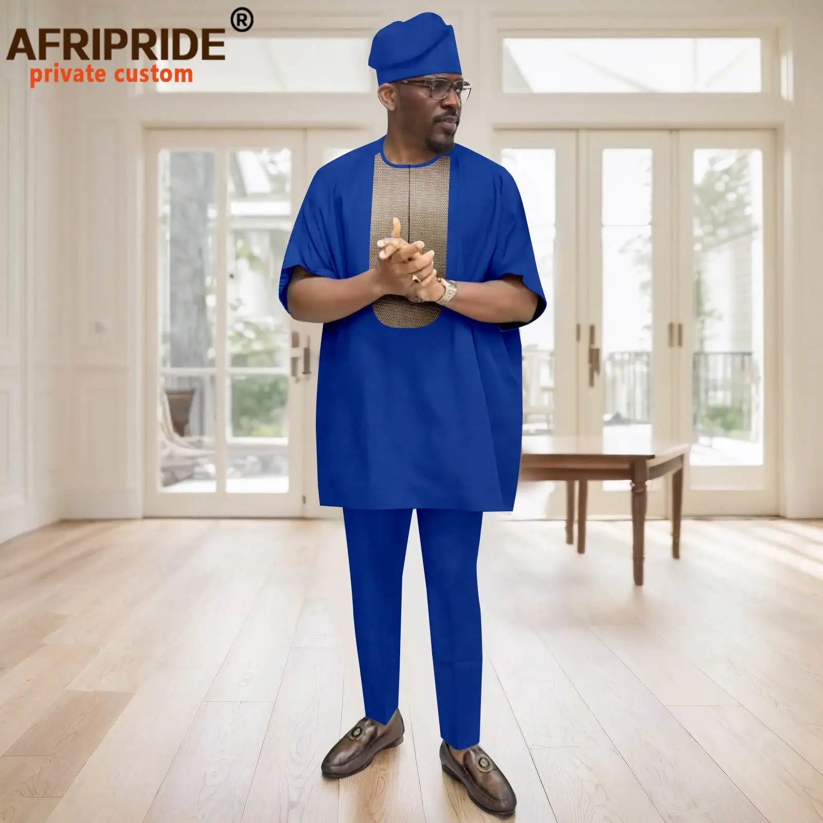 African Traditional Clothing for Men Half Sleeve Embroidery Shirts Pants and Tribal Hat 3 Piece Set Dashiki Outfits 2516053