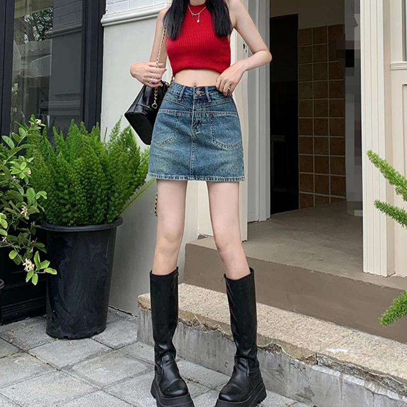 Women's High Waist Denim Mini Skirt Casual A Line Jean Skirt With Button Fly And Pockets