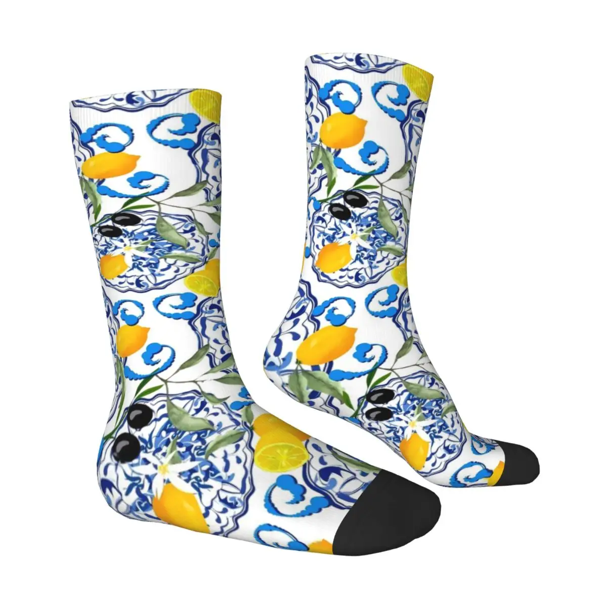 Retro Blue Flower Socks Autumn Lemon Fruit Stockings Gothic Unisex Warm Soft Socks Graphic Cycling Anti Skid Socks