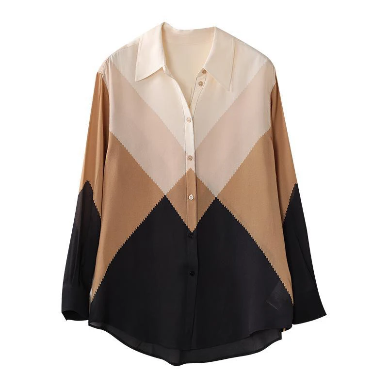 Spring Autumn Polo-neck Patchwork Elegant Long Sleeve Shirt Female Casual Fashion All-match Buttons Blouse Women Cardigan Top