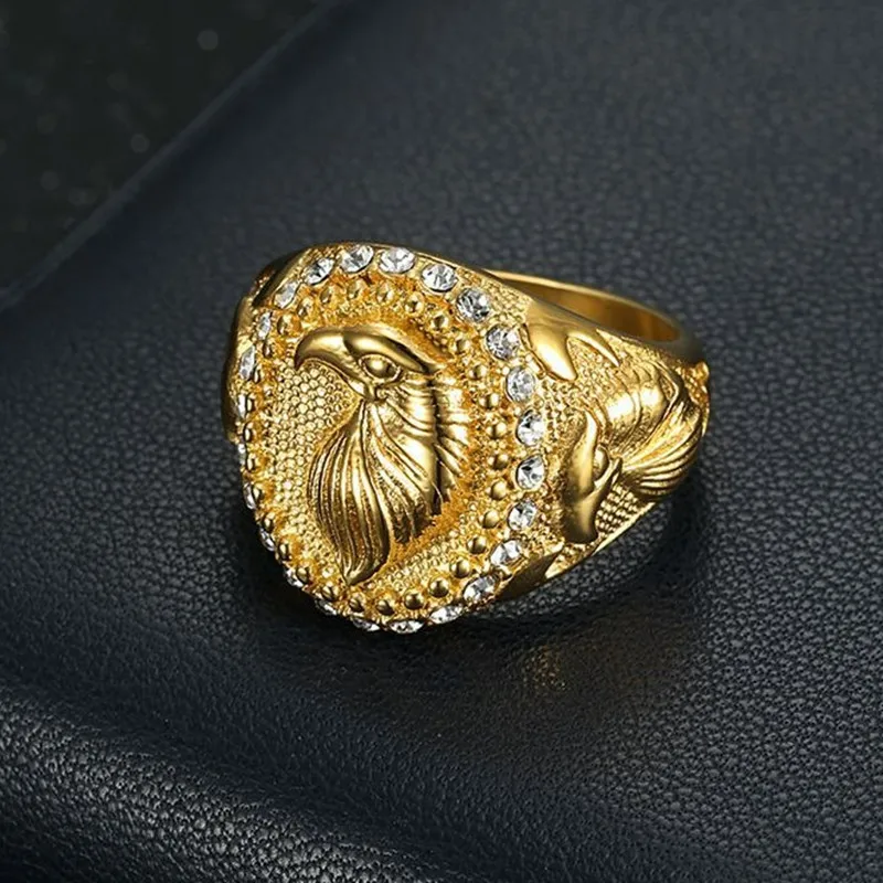 

Мужской резной орел, большие 18-каратные позолоченные нержавеющие сталь для мужчин, крутые титановые ленты на палец, аксессуары для в стиле хип-хоп, размеры 7-13 панк
