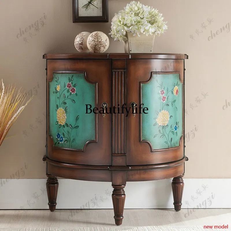 AB03  American living room retro painted objects, European semi-round small entrance, solid wood cabinets against the wall