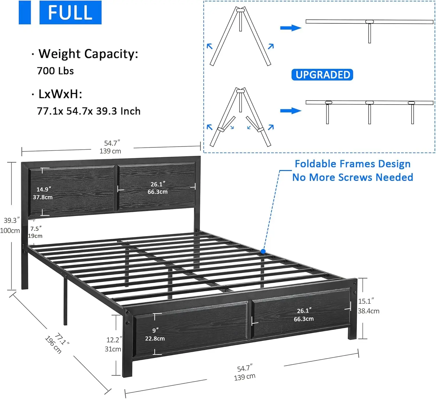 Full Size Platform Bed Frame with Black Wood Headboard, Mattress Foundation, Strong Metal Slats Support, No Box Spring Ne