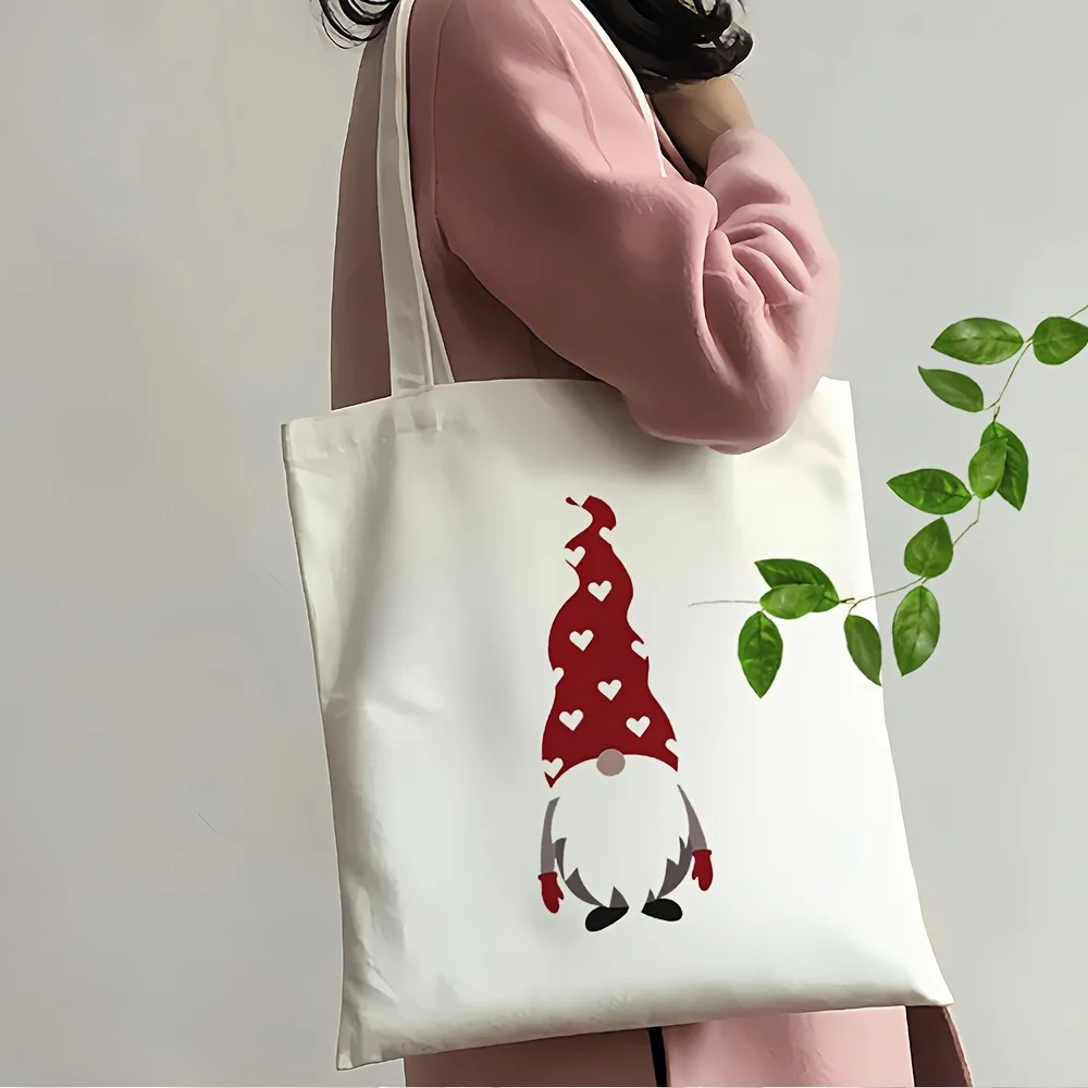 Large Christmas Gnome Tote Bag with Heart Pattern & Gnome Design - Reusable Polyester Canvas Grocery Bag Suitable for Christmas,