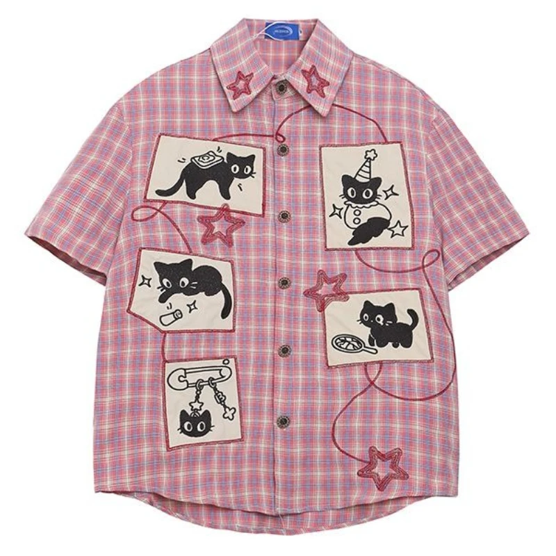 Cute Summer Men Unisex Y2k Plaid Short-Sleeved Shirt American Retro Fashion Trend Street Hip-Hop Loose Breathable Niche Blouse